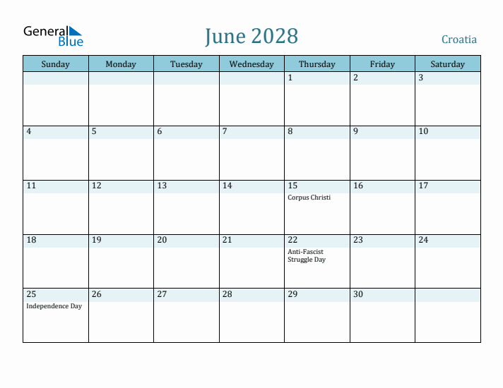 June 2028 Calendar with Holidays