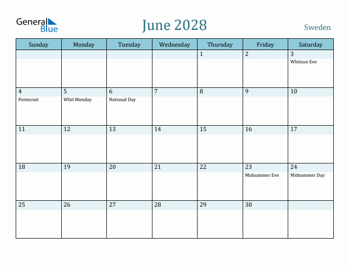 June 2028 Calendar with Holidays