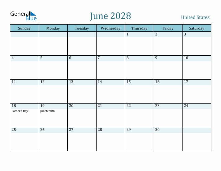 June 2028 Calendar with Holidays