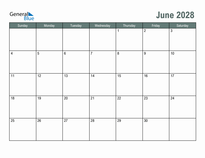 Free Printable June 2028 Calendar