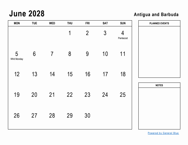 June 2028 Printable Monthly Calendar with Antigua and Barbuda Holidays