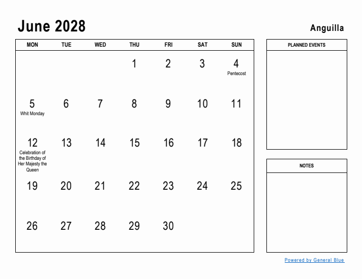 June 2028 Printable Monthly Calendar with Anguilla Holidays