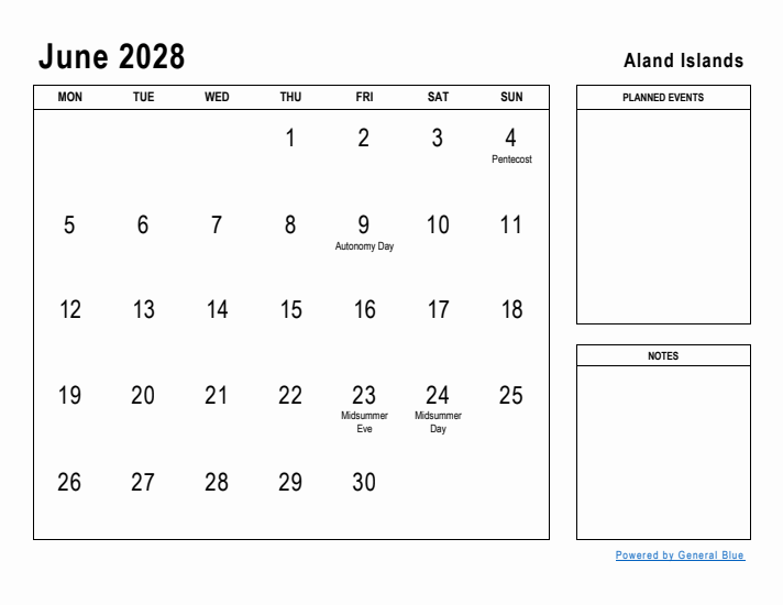 June 2028 Printable Monthly Calendar with Aland Islands Holidays