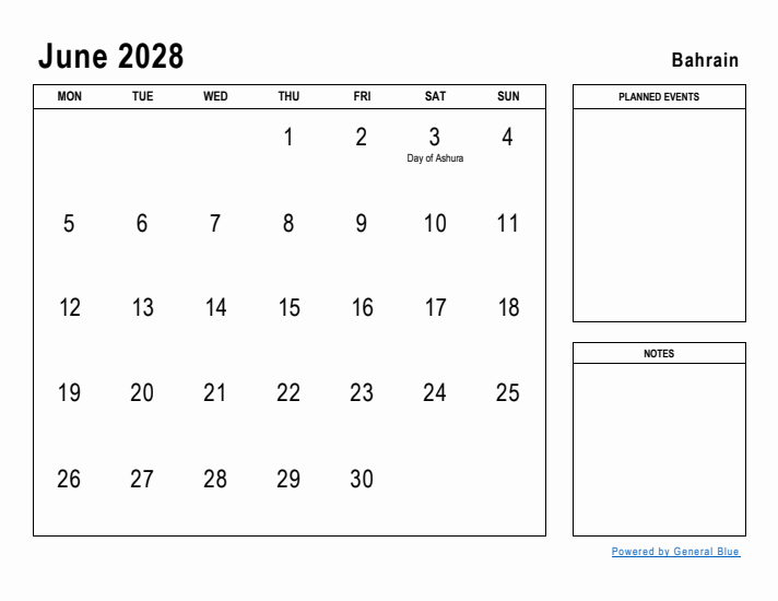 June 2028 Printable Monthly Calendar with Bahrain Holidays