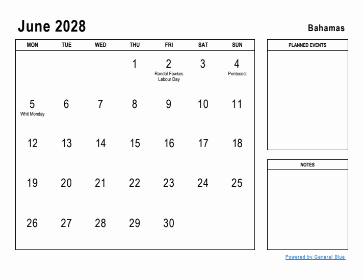 June 2028 Printable Monthly Calendar with Bahamas Holidays