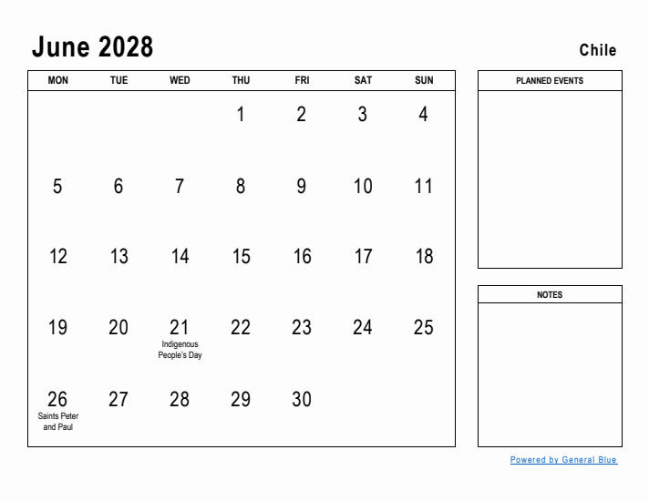 June 2028 Printable Monthly Calendar with Chile Holidays