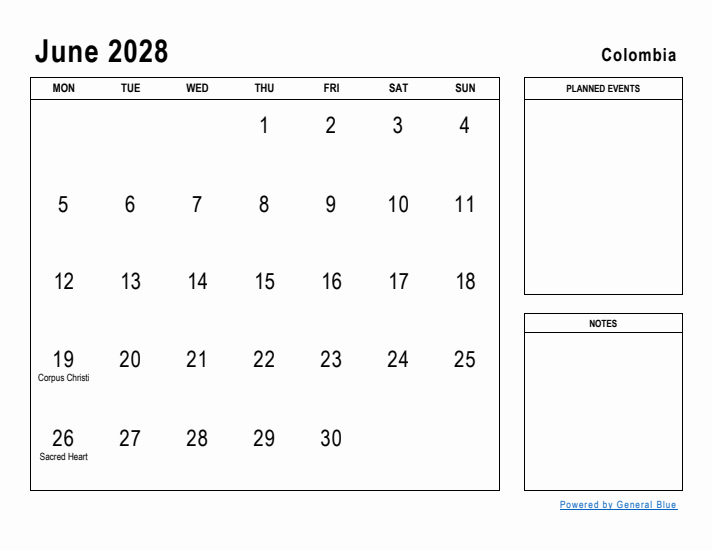 June 2028 Printable Monthly Calendar with Colombia Holidays