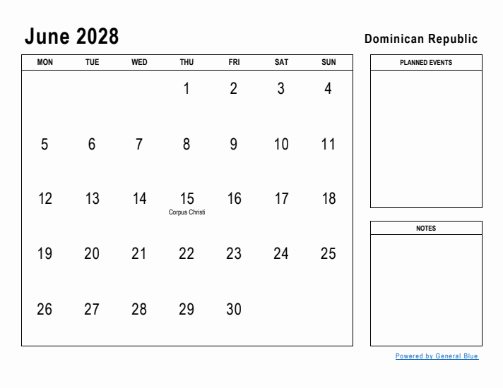 June 2028 Printable Monthly Calendar with Dominican Republic Holidays