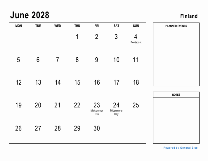 June 2028 Printable Monthly Calendar with Finland Holidays