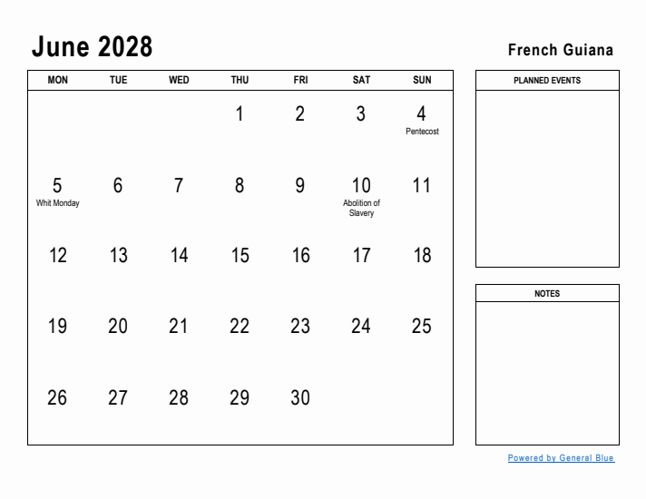 June 2028 Printable Monthly Calendar with French Guiana Holidays