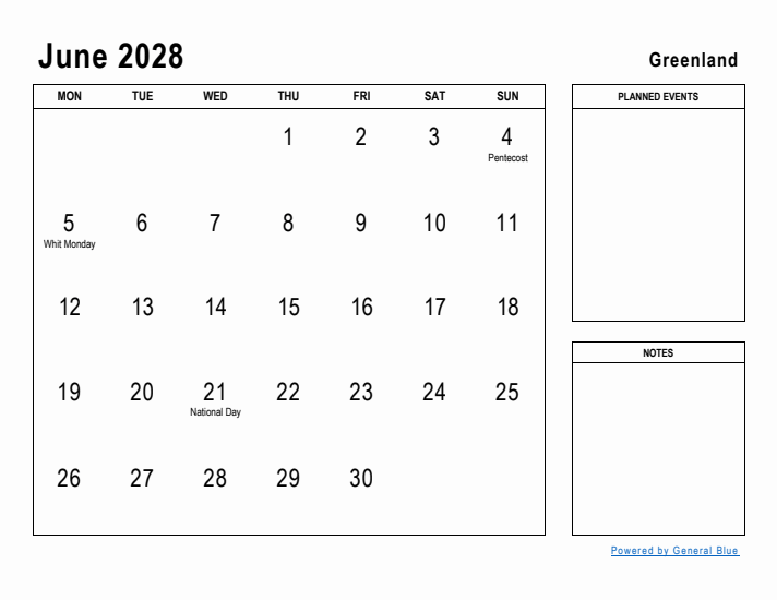 June 2028 Printable Monthly Calendar with Greenland Holidays