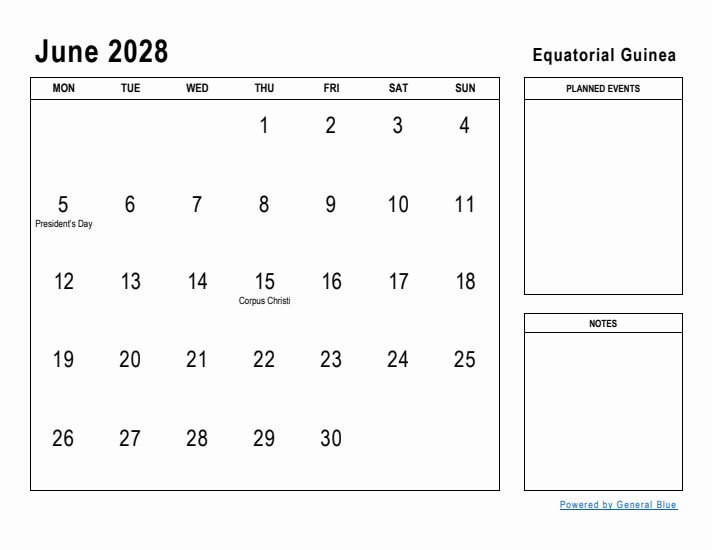 June 2028 Printable Monthly Calendar with Equatorial Guinea Holidays