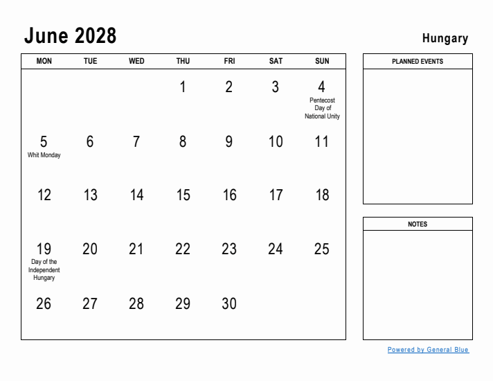 June 2028 Printable Monthly Calendar with Hungary Holidays