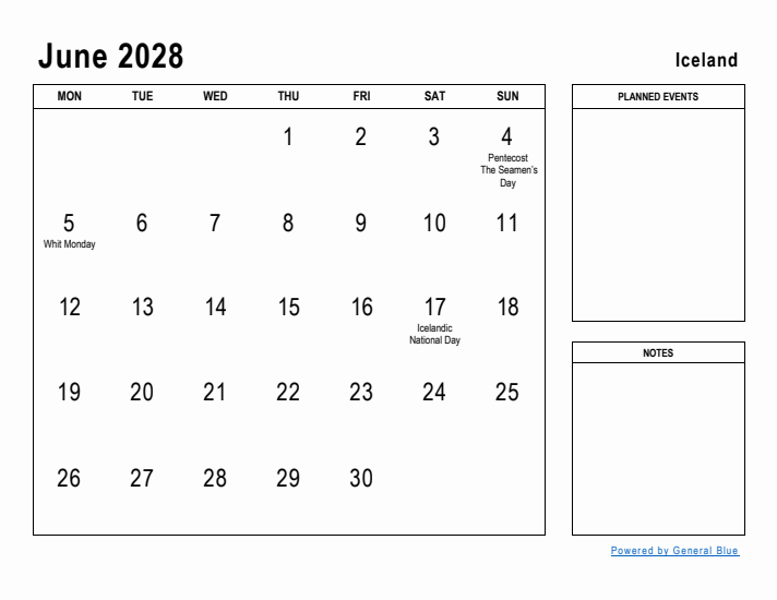 June 2028 Printable Monthly Calendar with Iceland Holidays