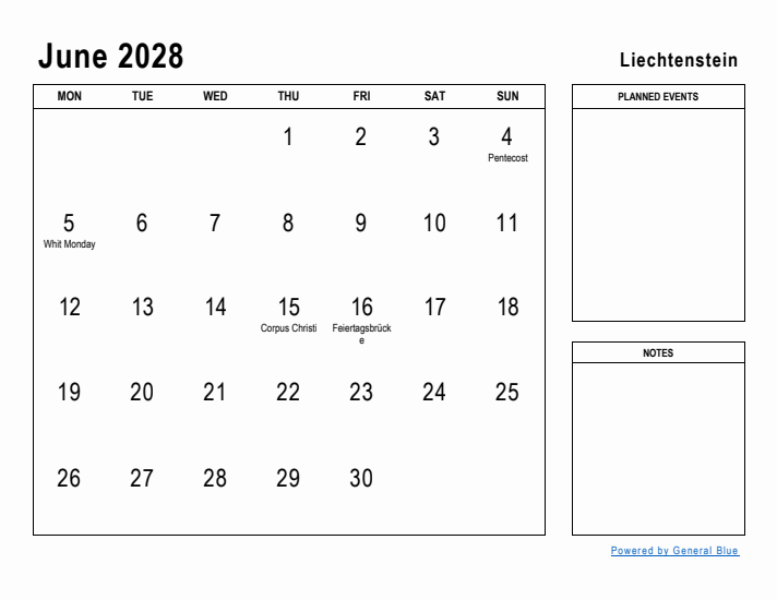 June 2028 Printable Monthly Calendar with Liechtenstein Holidays