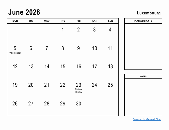 June 2028 Printable Monthly Calendar with Luxembourg Holidays