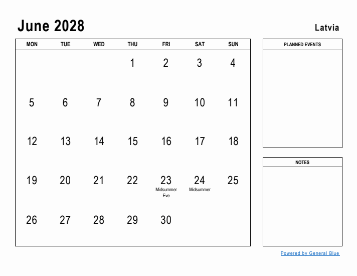 June 2028 Printable Monthly Calendar with Latvia Holidays