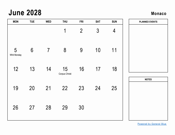 June 2028 Printable Monthly Calendar with Monaco Holidays