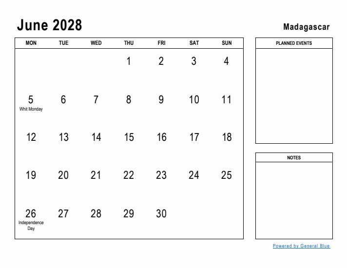 June 2028 Printable Monthly Calendar with Madagascar Holidays