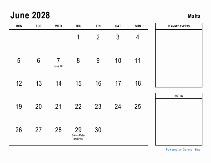 June 2028 Printable Monthly Calendar with Malta Holidays