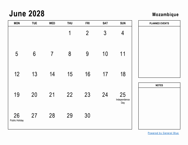 June 2028 Printable Monthly Calendar with Mozambique Holidays