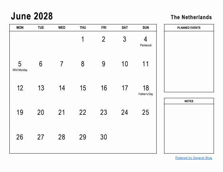 June 2028 Printable Monthly Calendar with The Netherlands Holidays