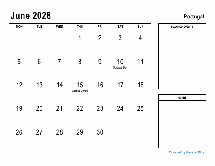 June 2028 Printable Monthly Calendar with Portugal Holidays