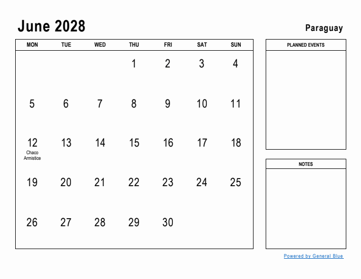 June 2028 Printable Monthly Calendar with Paraguay Holidays