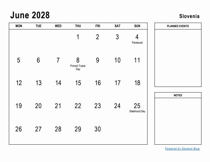 June 2028 Printable Monthly Calendar with Slovenia Holidays