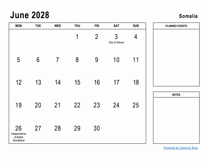 June 2028 Printable Monthly Calendar with Somalia Holidays