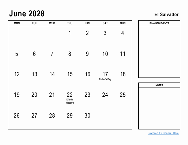 June 2028 Printable Monthly Calendar with El Salvador Holidays