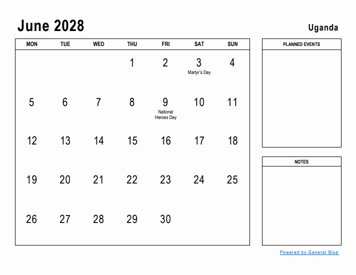 June 2028 Printable Monthly Calendar with Uganda Holidays