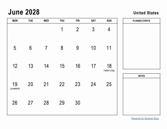 June 2028 Printable Monthly Calendar with United States Holidays