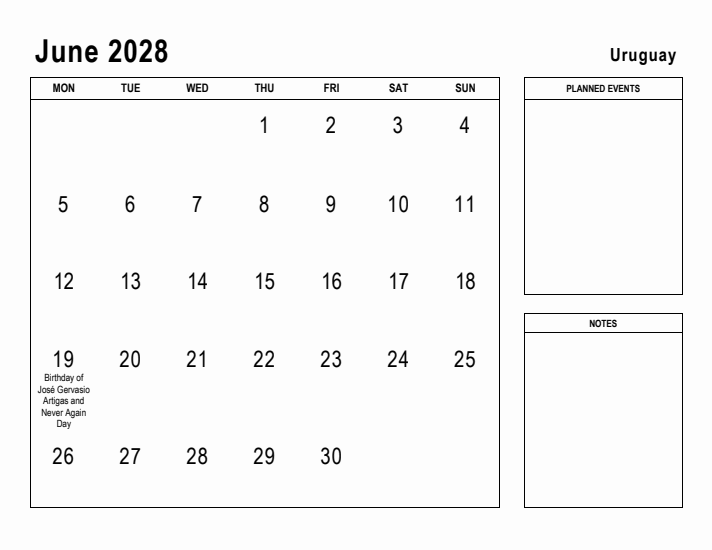 June 2028 Printable Monthly Calendar with Uruguay Holidays