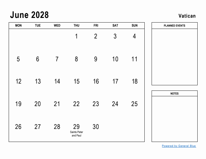 June 2028 Printable Monthly Calendar with Vatican Holidays