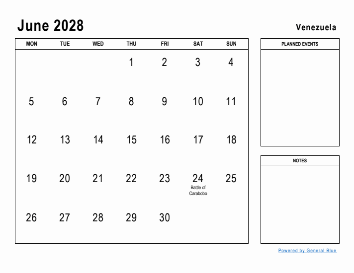 June 2028 Printable Monthly Calendar with Venezuela Holidays