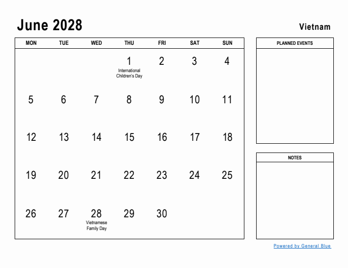 June 2028 Printable Monthly Calendar with Vietnam Holidays