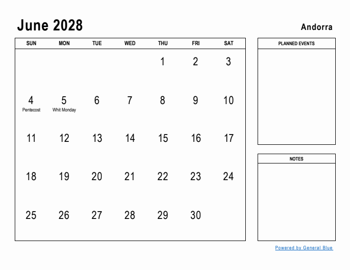 June 2028 Printable Monthly Calendar with Andorra Holidays