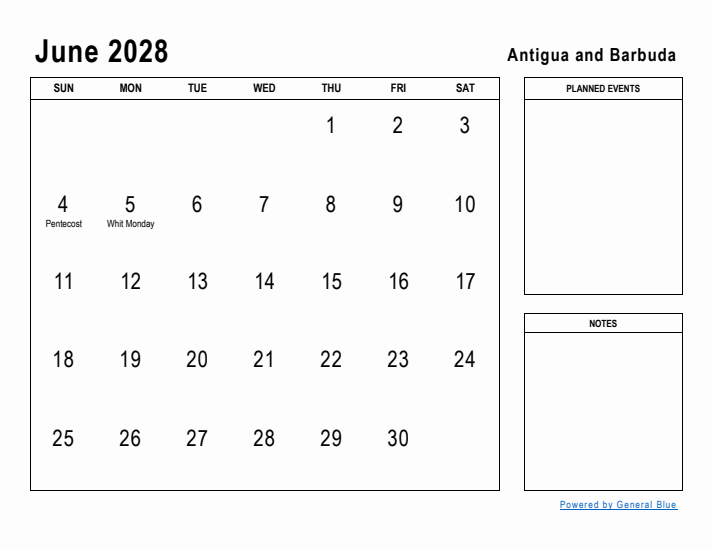 June 2028 Printable Monthly Calendar with Antigua and Barbuda Holidays