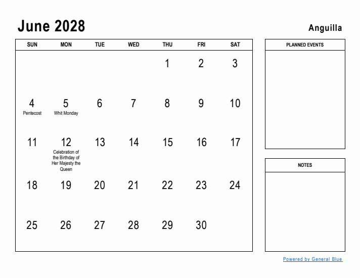 June 2028 Printable Monthly Calendar with Anguilla Holidays