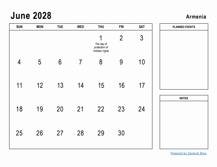 June 2028 Printable Monthly Calendar with Armenia Holidays