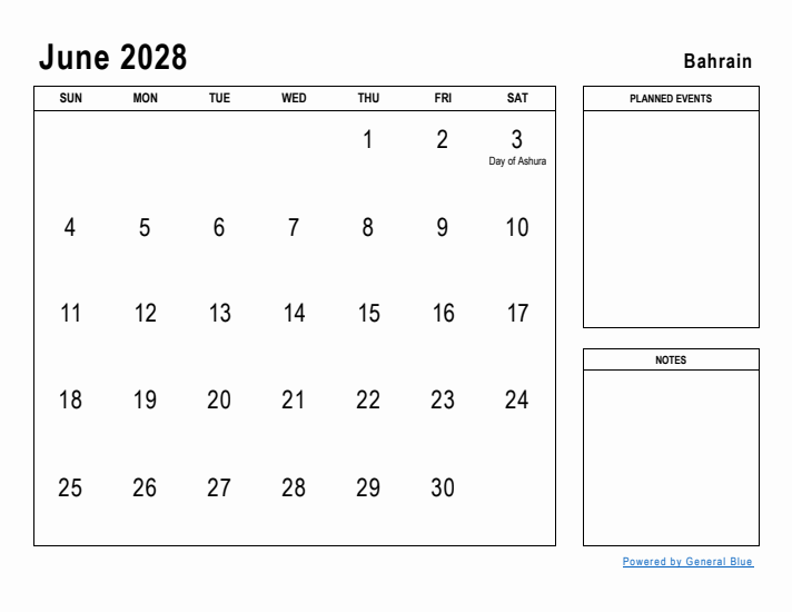 June 2028 Printable Monthly Calendar with Bahrain Holidays