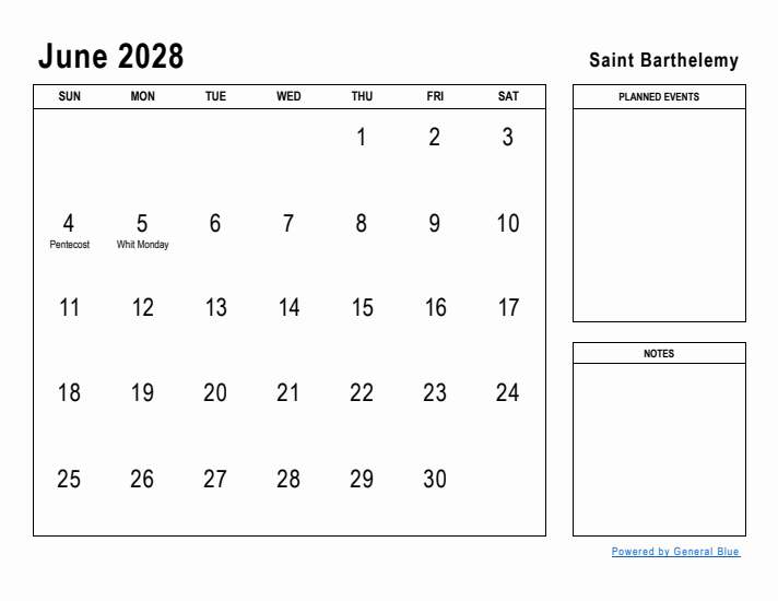 June 2028 Printable Monthly Calendar with Saint Barthelemy Holidays