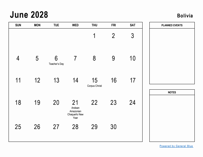 June 2028 Printable Monthly Calendar with Bolivia Holidays