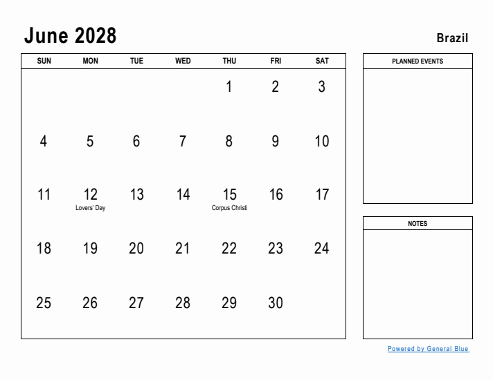 June 2028 Printable Monthly Calendar with Brazil Holidays