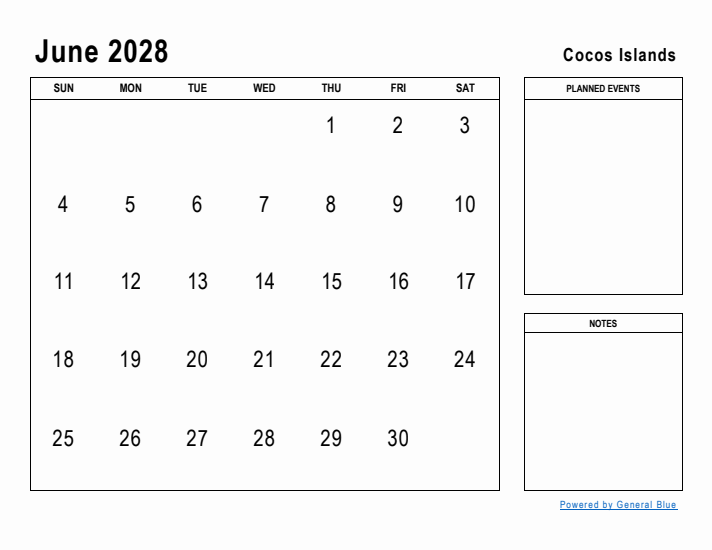 June 2028 Printable Monthly Calendar with Cocos Islands Holidays