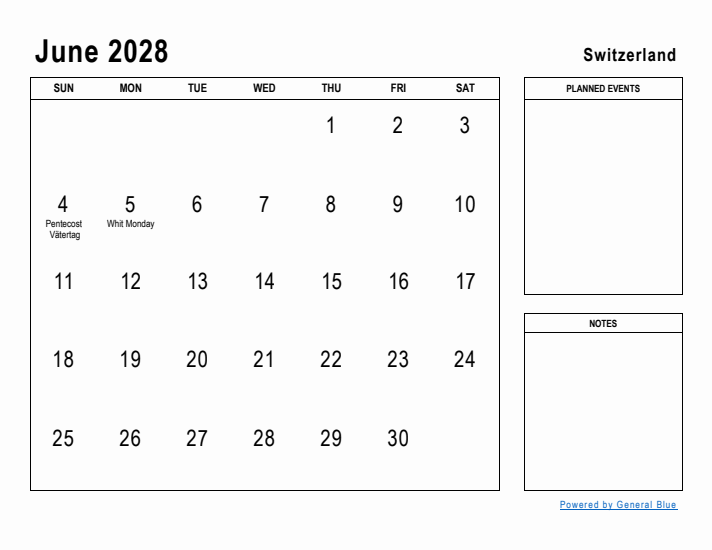 June 2028 Printable Monthly Calendar with Switzerland Holidays