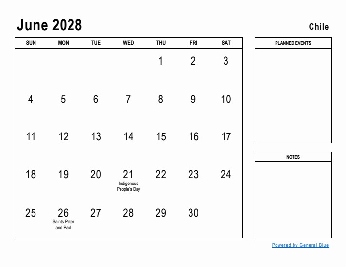 June 2028 Printable Monthly Calendar with Chile Holidays