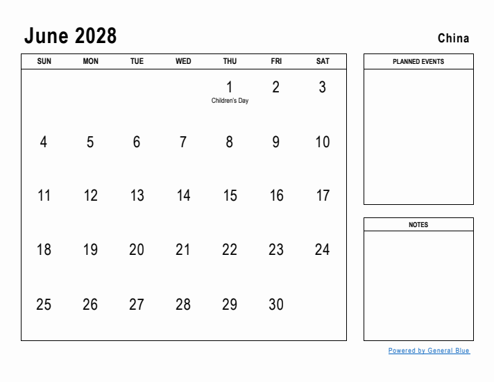 June 2028 Printable Monthly Calendar with China Holidays