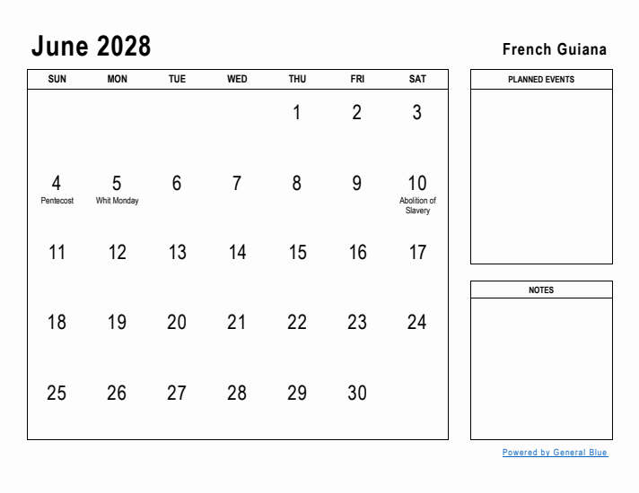 June 2028 Printable Monthly Calendar with French Guiana Holidays